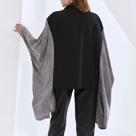 Kate Hewko Bat Wing Jacket Mixed Material One Size Black Washed Gray Streetwear - Picture 2 of 14